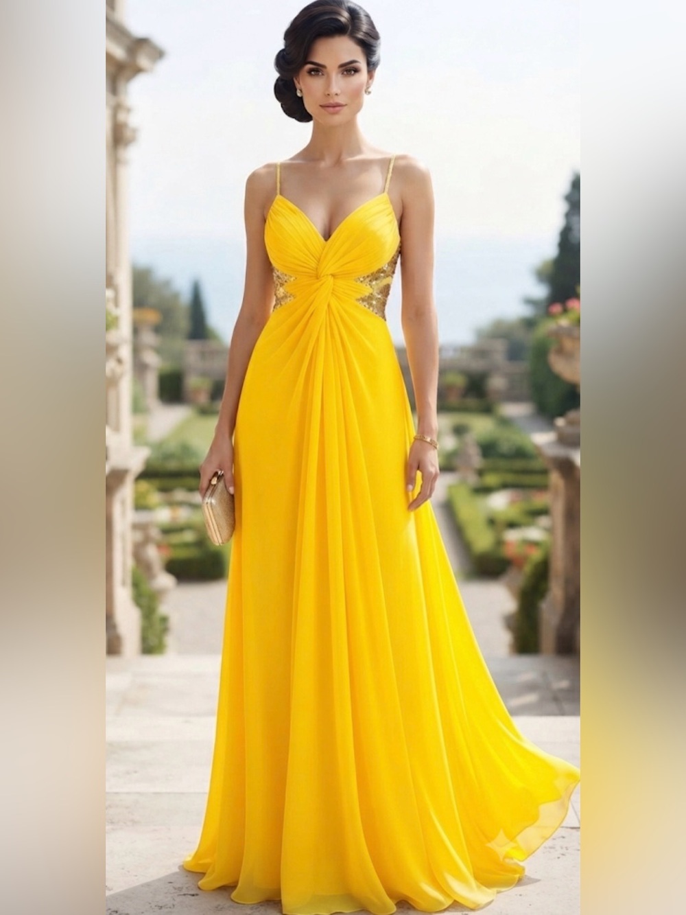 L. M By Mignon Elegant Yellow Spaghetti-Strap Evening Gown